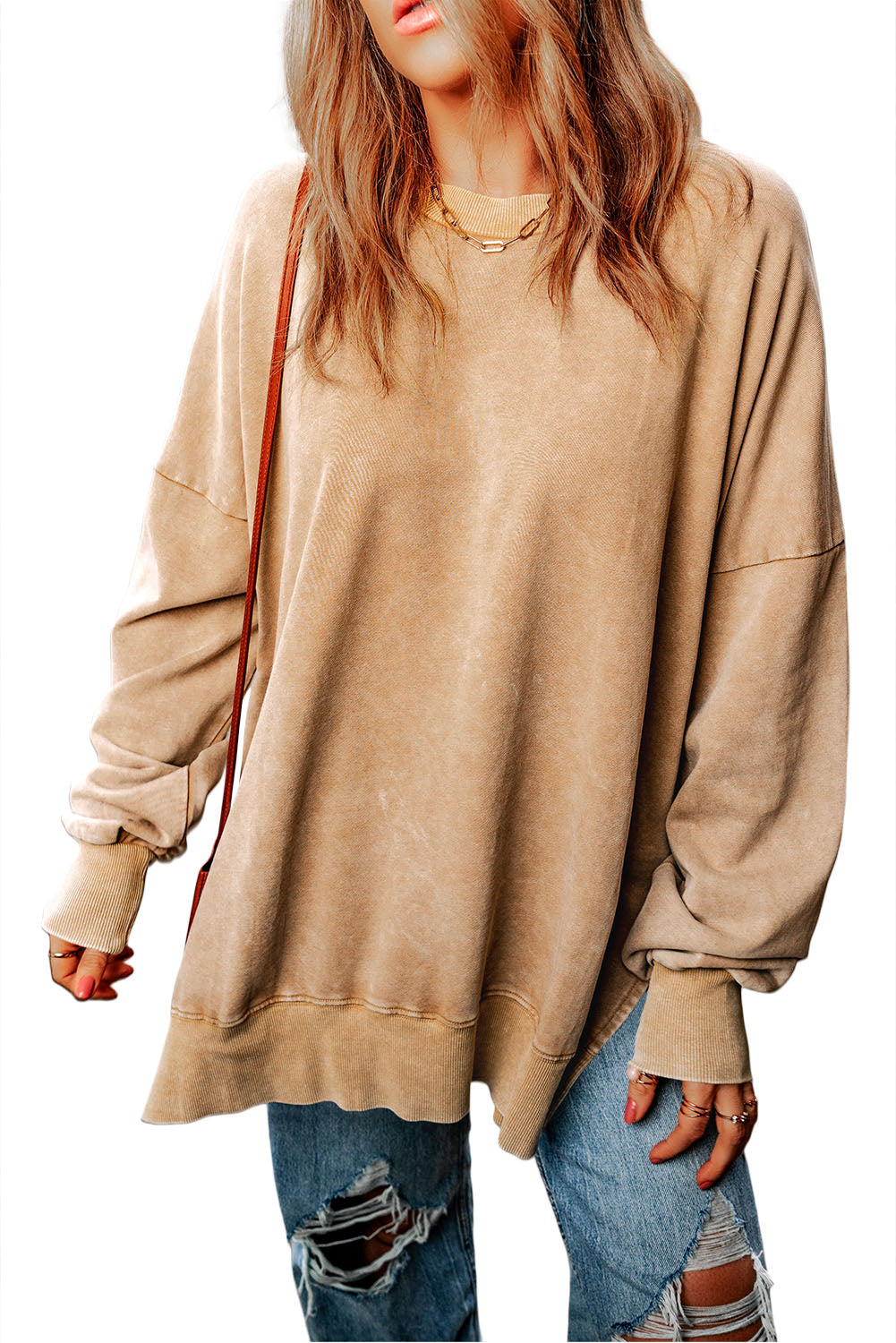 Khaki Drop Shoulder Ribbed Trim Oversized Sweatshirt