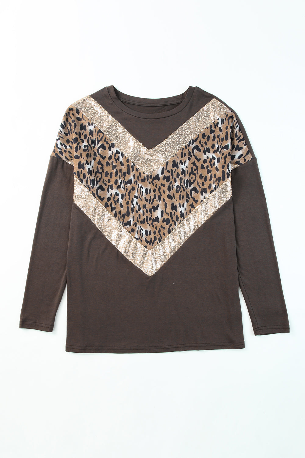 Brown Chevron Sequin Leopard Splicing Long Sleeve Top