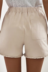 Khaki Solid Color Drawstring Frayed Hem Pocketed Shorts