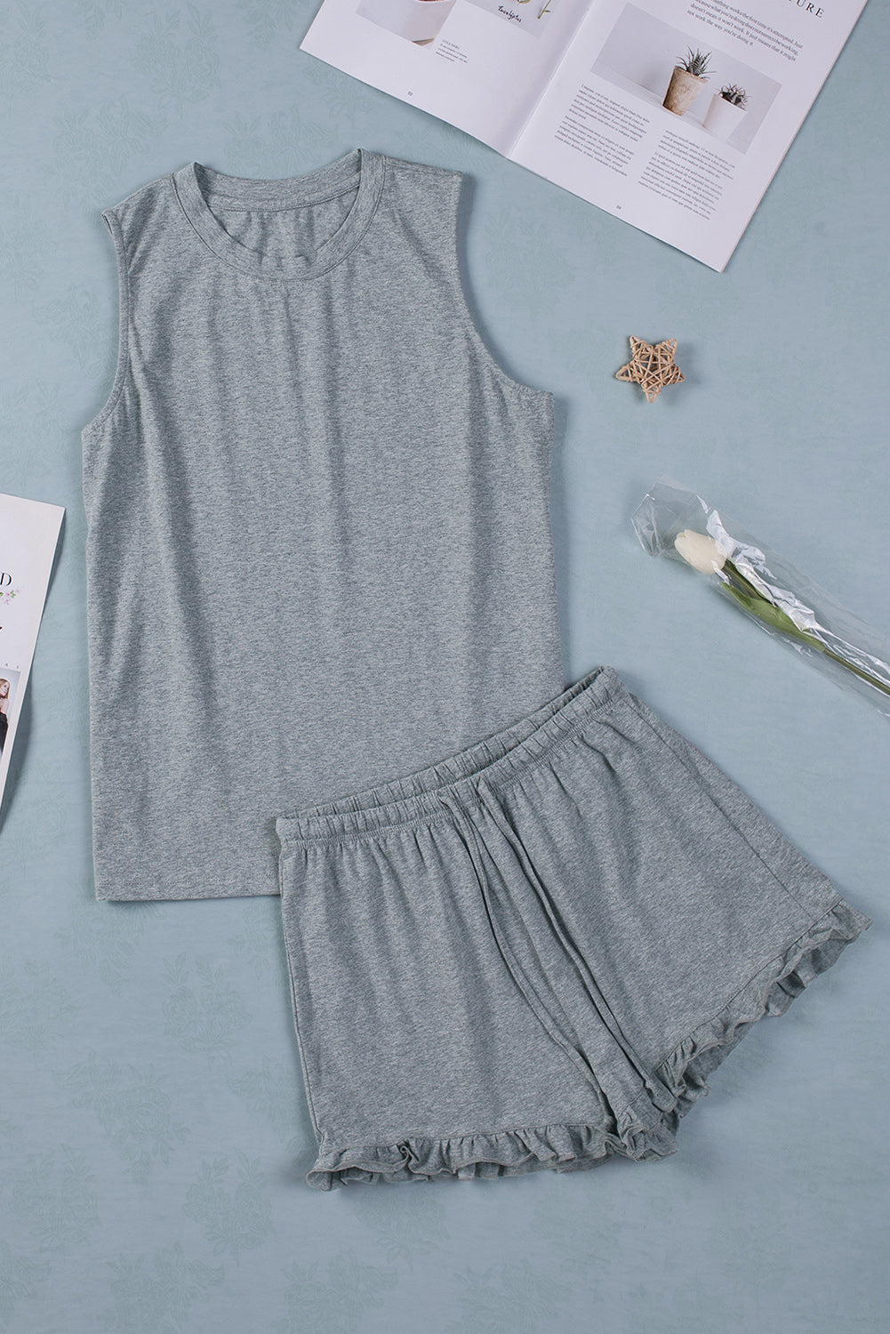 Dark Gray Crew Neck Tank and Drawstring Ruffled Shorts Lounge Set