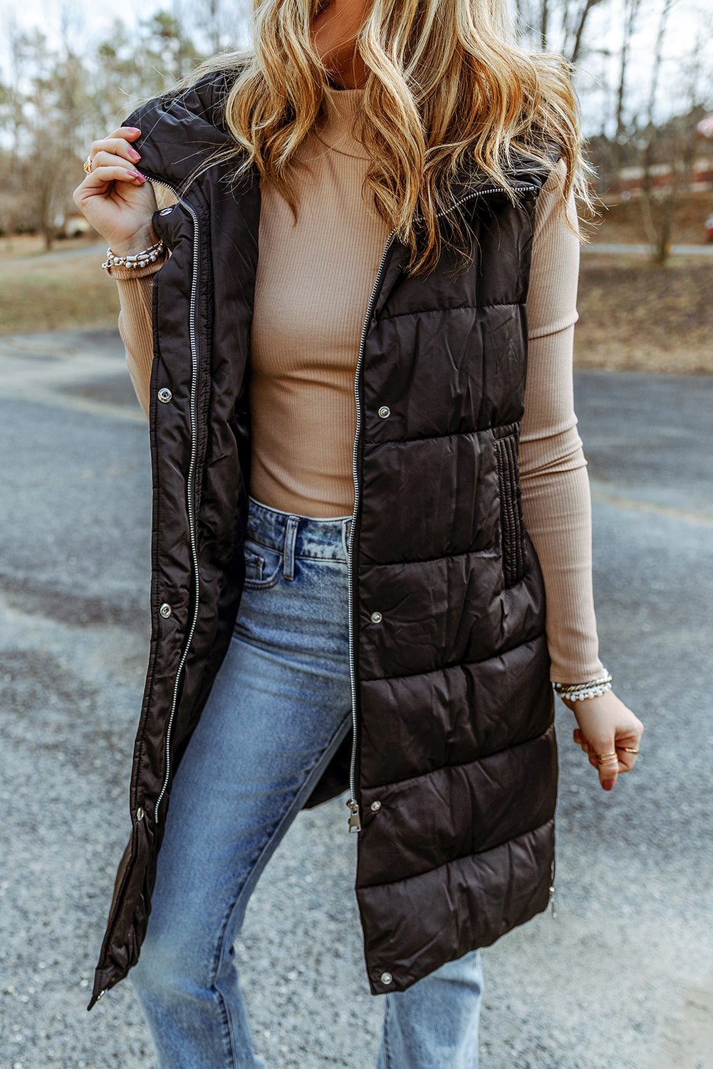 Dark Grey Hooded Long Quilted Vest Coat