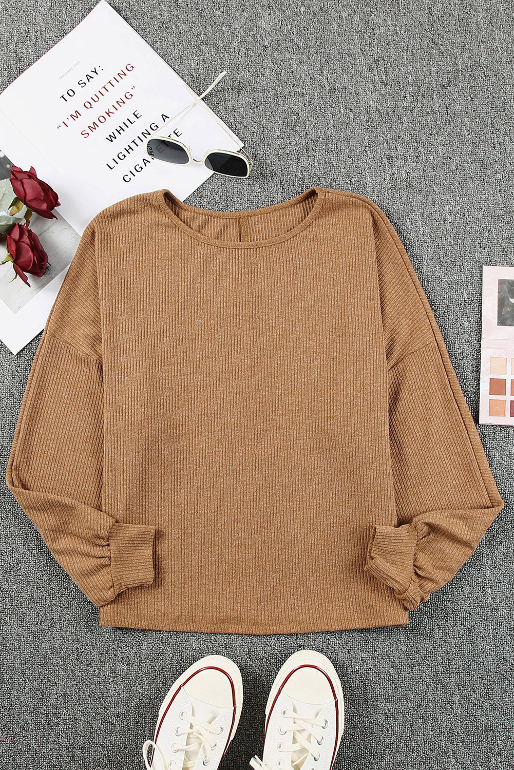 Brown Solid Crew Neck Loose Ribbed Knit Top