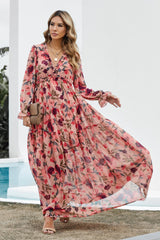 Red Boho Floral Print Frill V Neck Sleeveless Dress