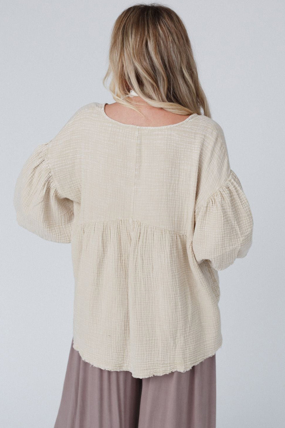 Beige Textured Bubble Sleeves Top