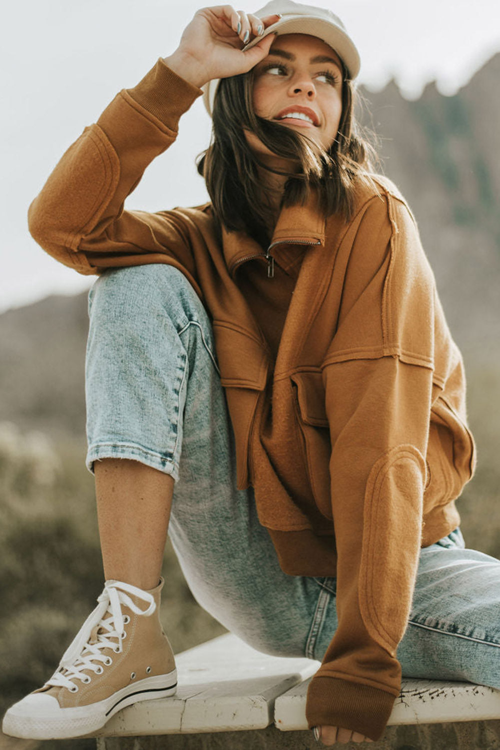 Brown Zip Collared Big Flap Pocket Exposed Seam Sweatshirt