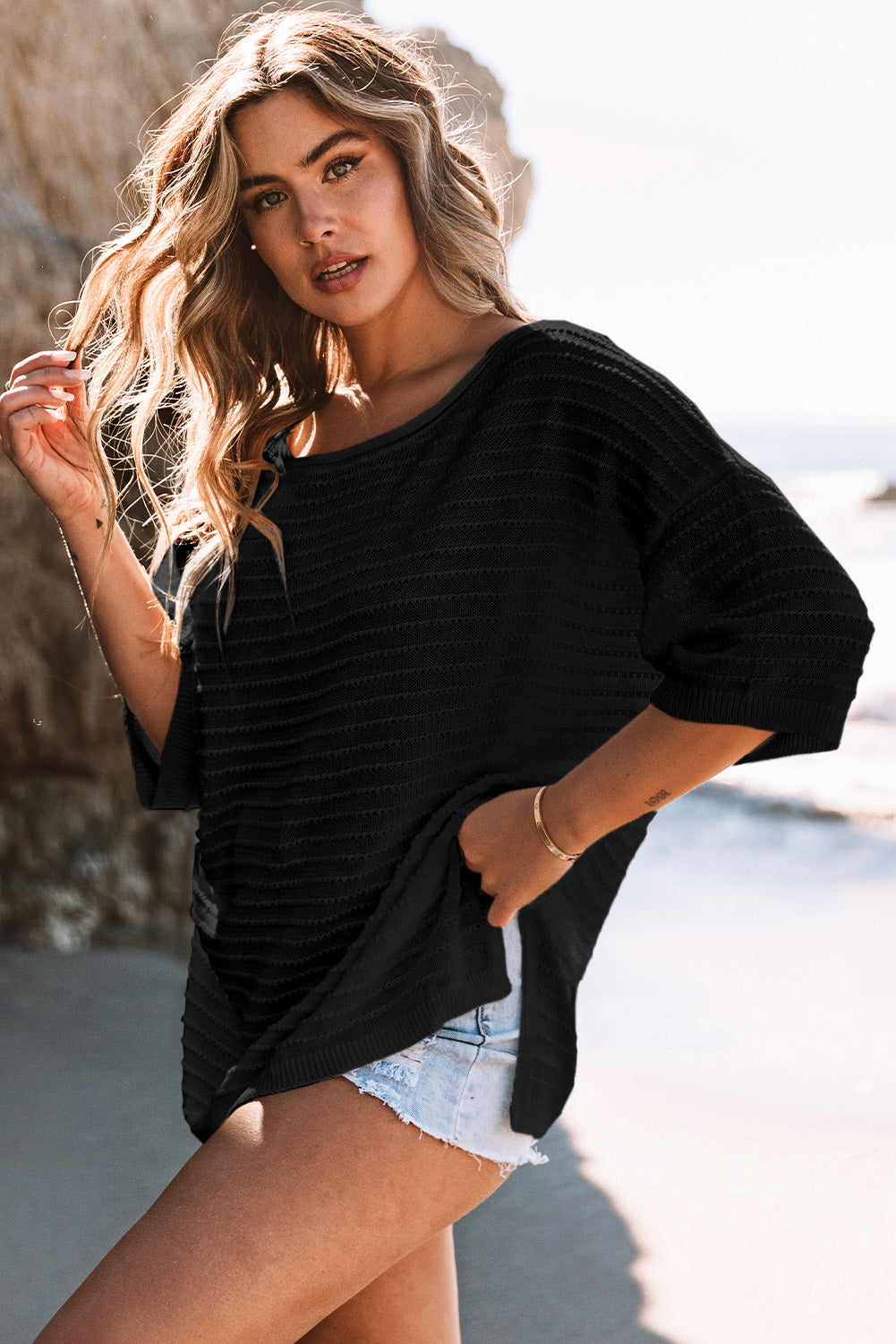 Apricot Textured Knit Drop Shoulder Tee