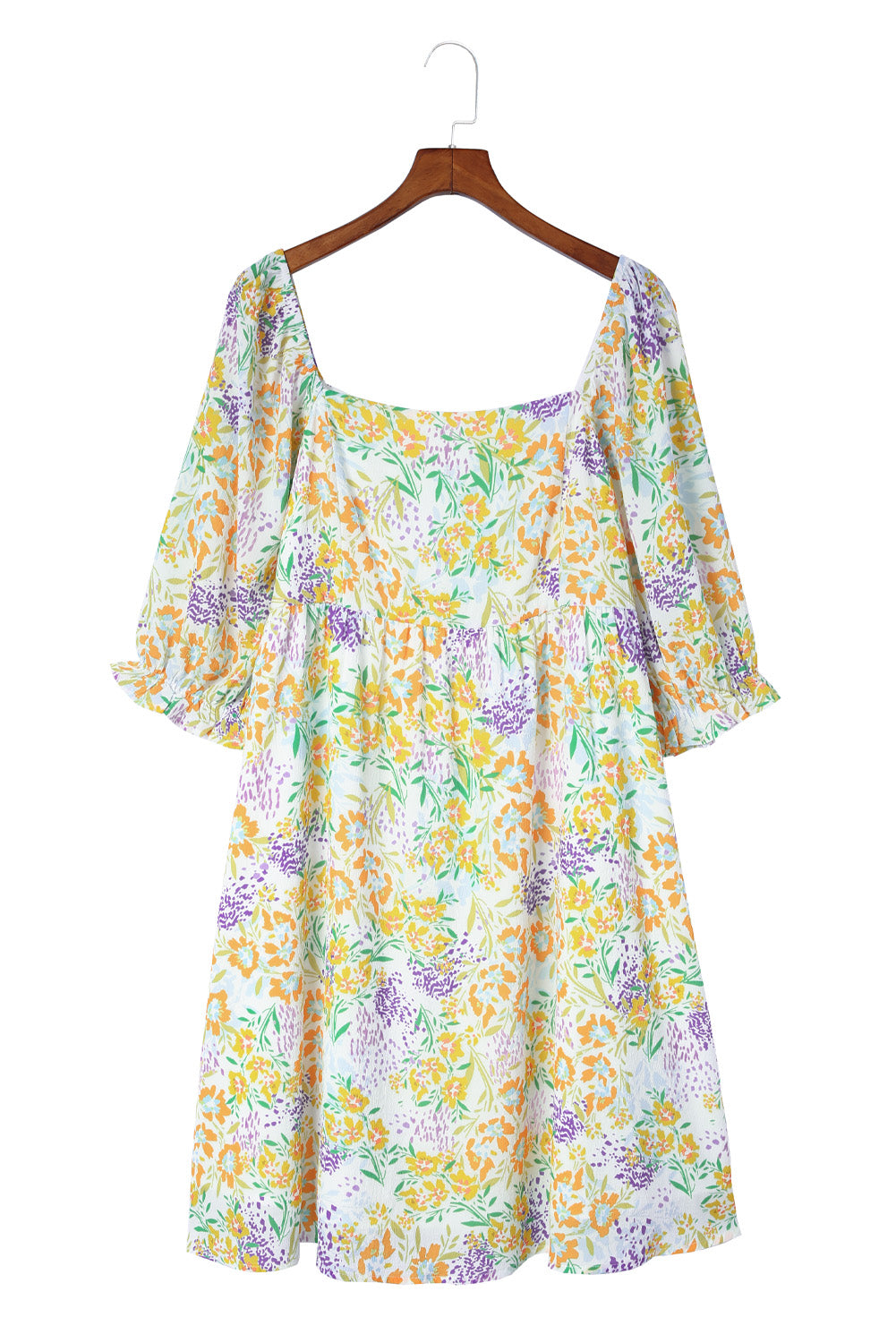 Multicolor Plus Size Floral Print Ruffle Bubble Sleeve Babydoll Dress