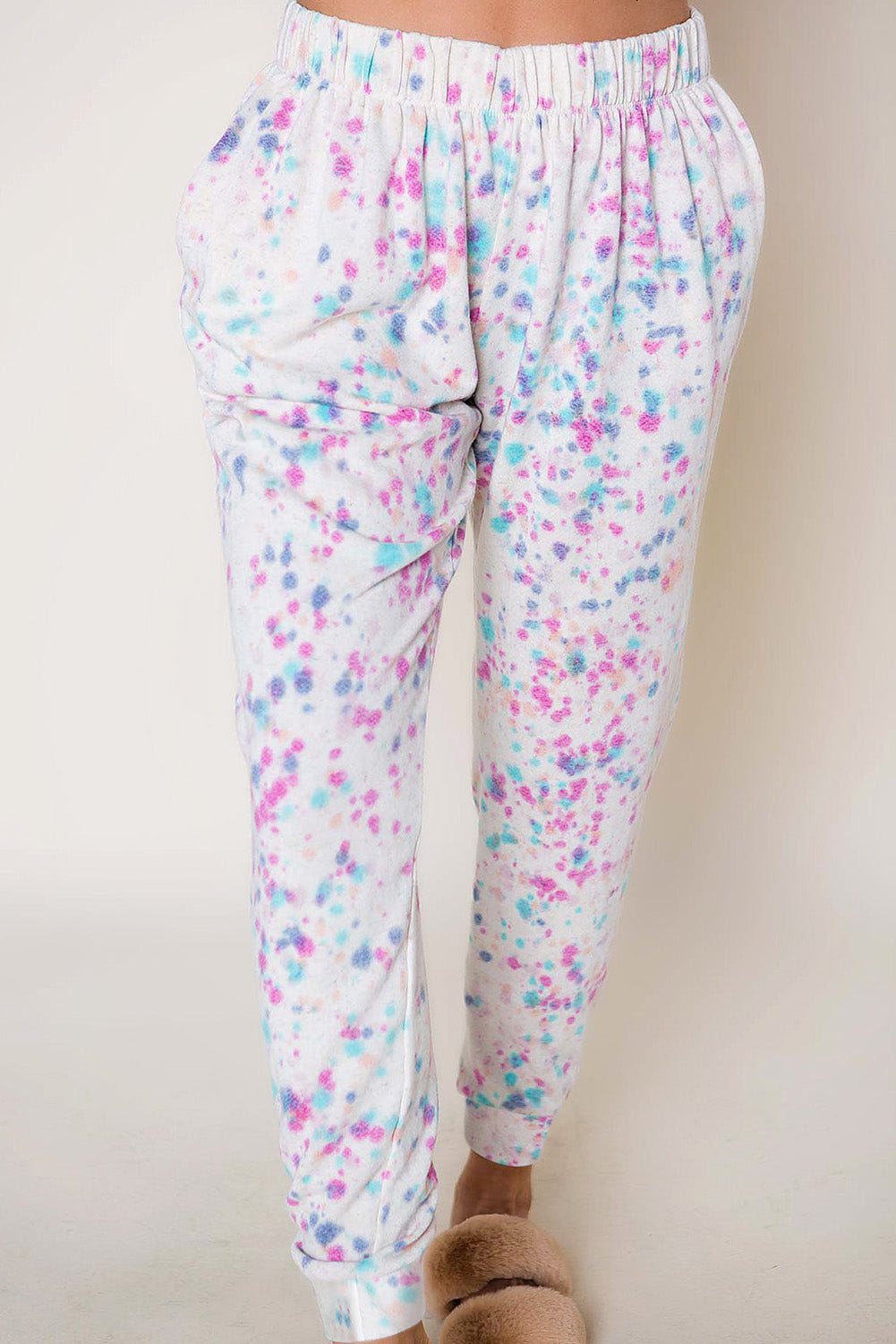 White Tie-dye Long Sleeve Crop Pullover and Joggers Lounge Set