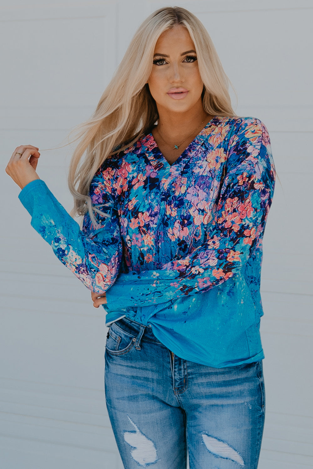 Blue Floral Print V Neck Long Sleeve Top