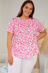 Rose Leopard Print Textured Knit Short Sleeve Plus Size T Shirt