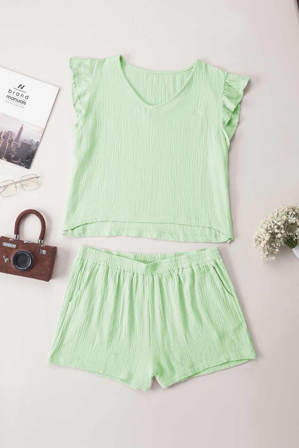 Green Crinkled Texture V Neck Ruffled Sleeve Tops and Shorts Set