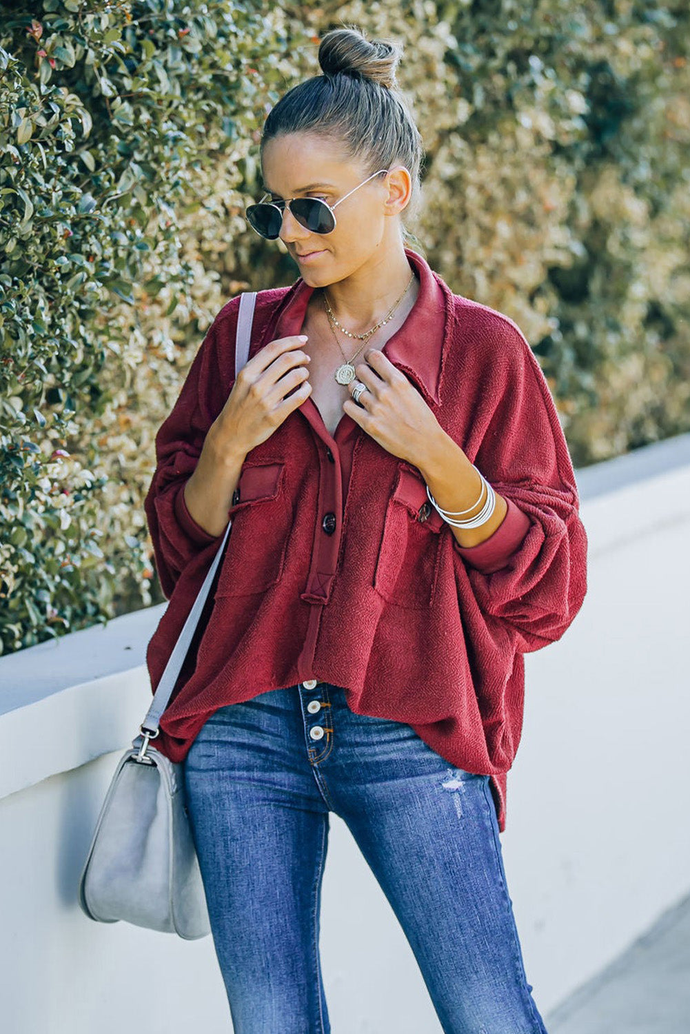Black Polo Collar Buttoned Patchy Top with Pockets