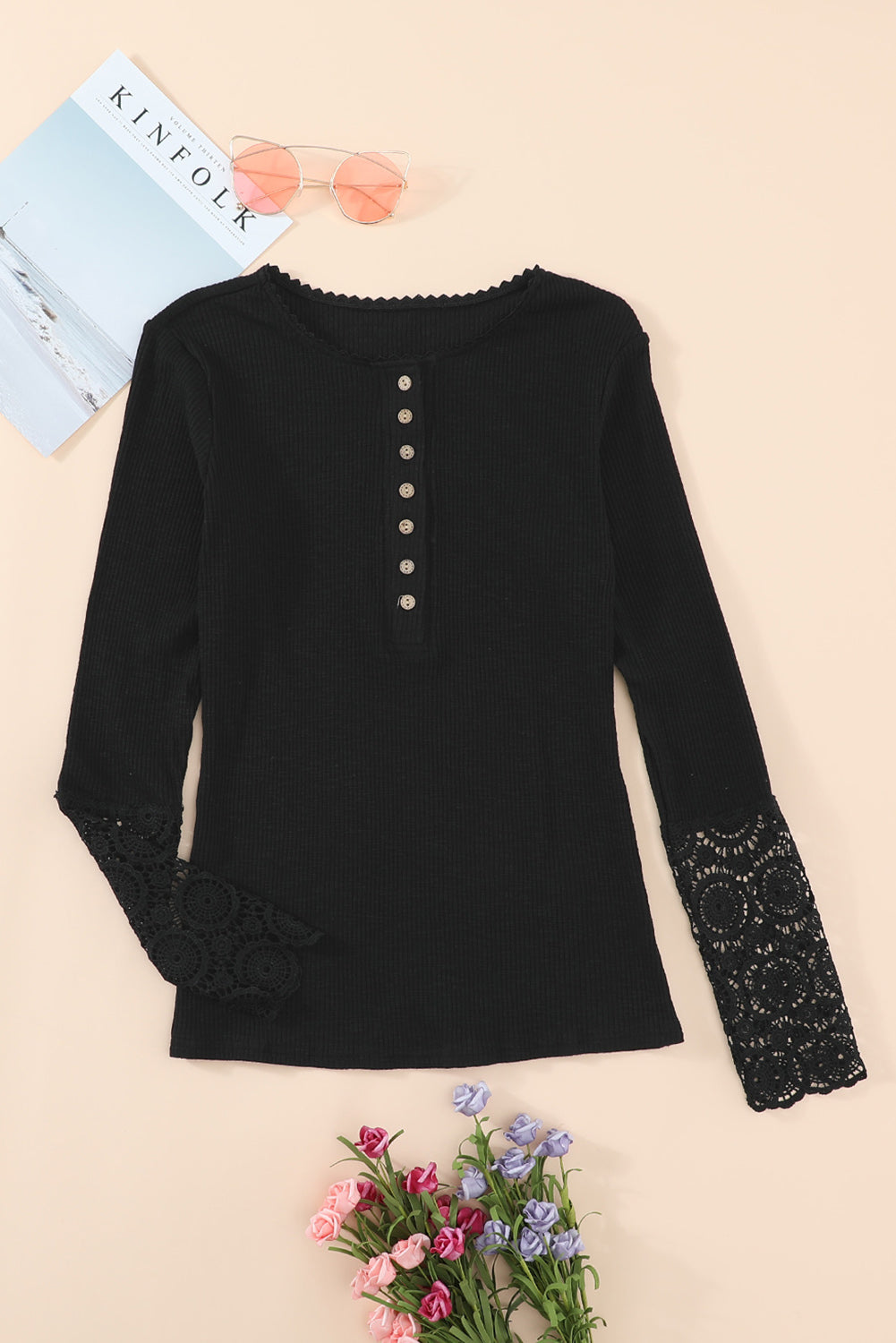 Black Crochet Lace Hem Sleeve Button Top