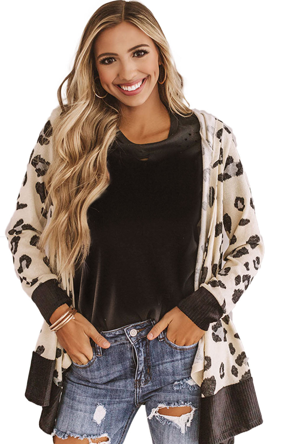 Leopard Print Hooded Open Front Cardigan