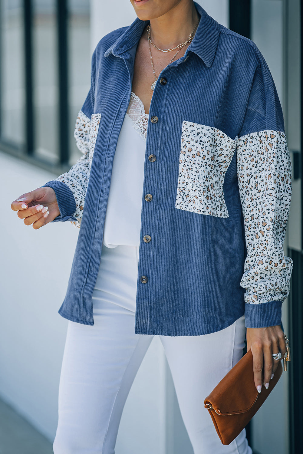 Gray Leopard Patchwork Corduroy Buttoned Shirt Jacket