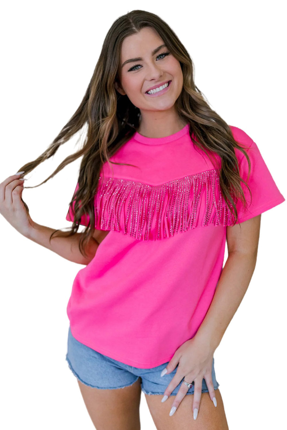 Rose Rhinestone Fringed Short Sleeve T-shirt