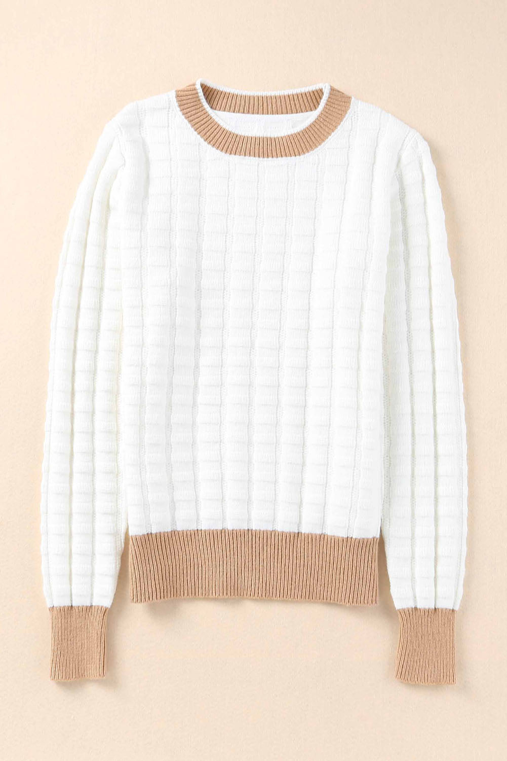 White Textured Knit Contrast Long Sleeve Sweater