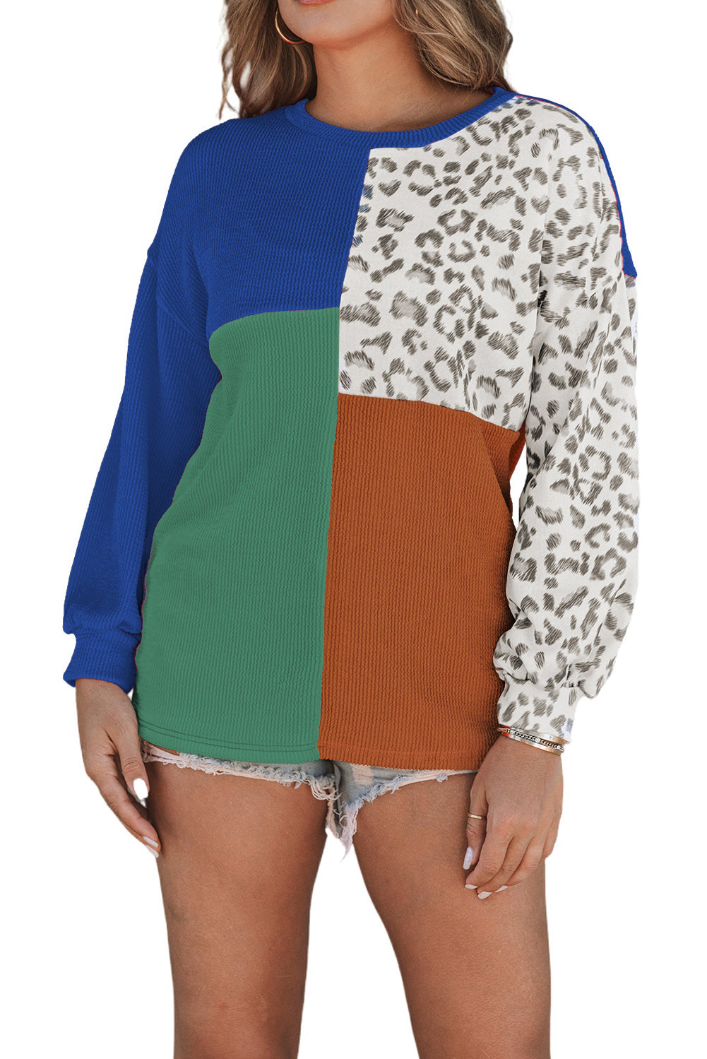 Rose Leopard Patchwork Color Block Ribbed Long Sleeve Top