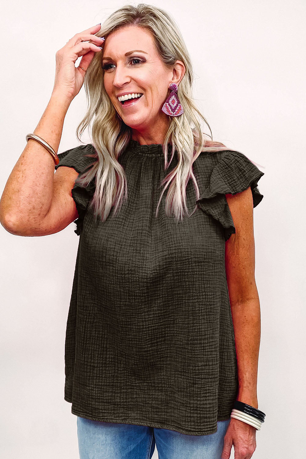 Rose Flutter Sleeve Frilled Neck Textured Blouse