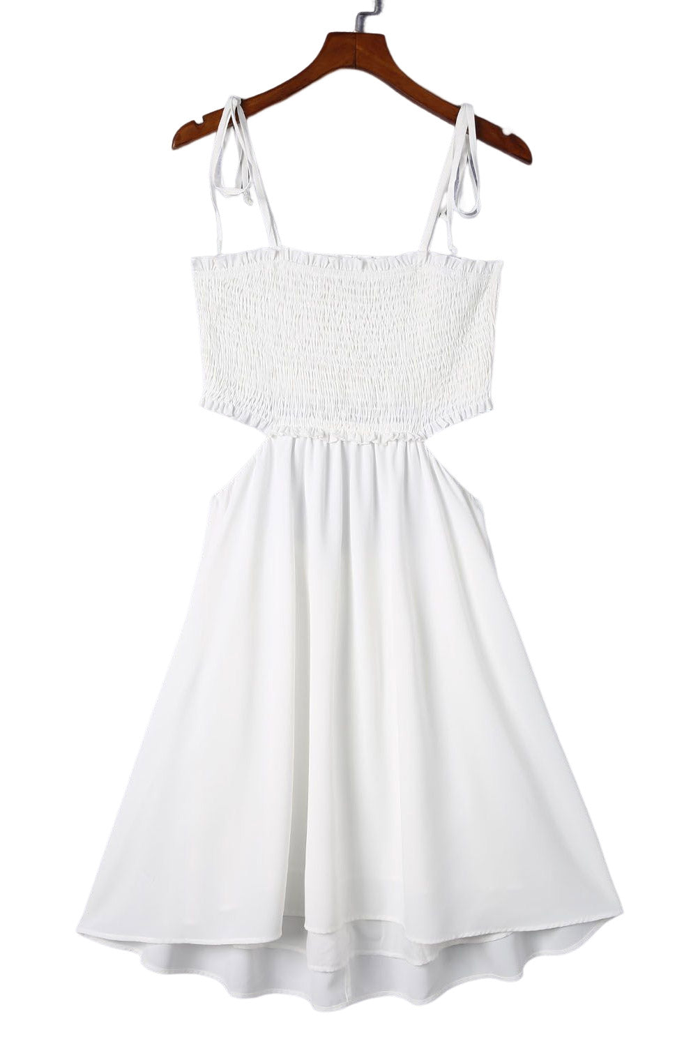 White Smocked Hollow-out Flared Mini Dress