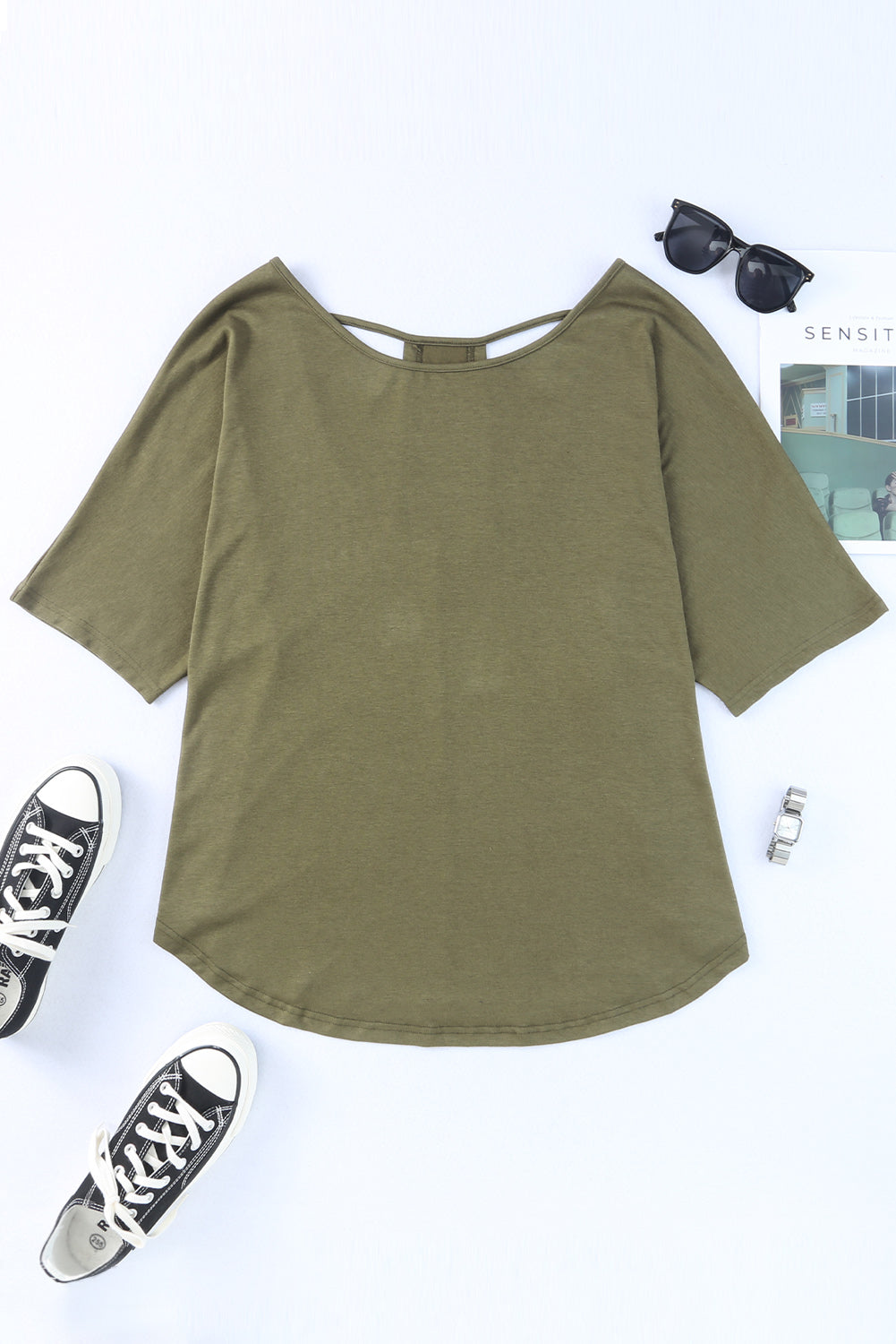 Green Plus Size Hollow-out Back Slouchy Tee