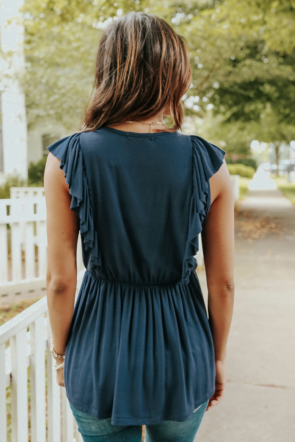 Blue Ruched Flounce V Neck Sleeveless Peplum Top