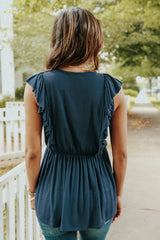 Blue Ruched Flounce V Neck Sleeveless Peplum Top