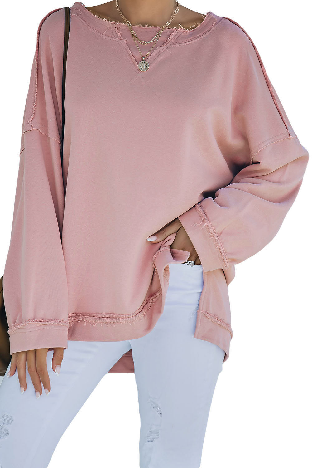 Pink Frayed Trim Side Slit Loose Sweatshirt