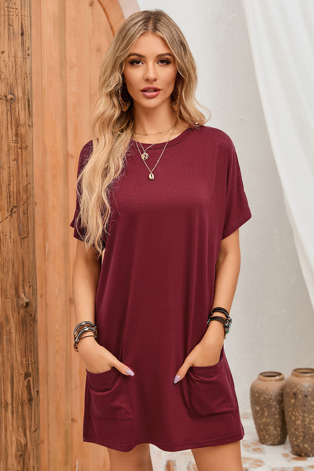 Black Side Pockets Short Sleeve Tunic Top