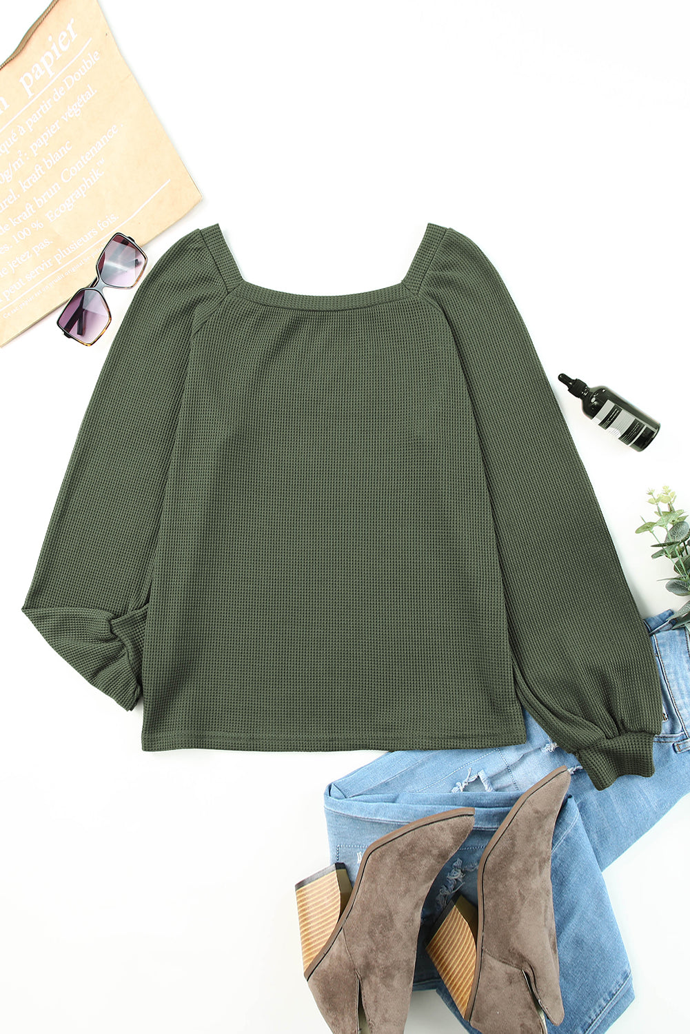 Square Neck Puff Sleeve Waffle Knit Top