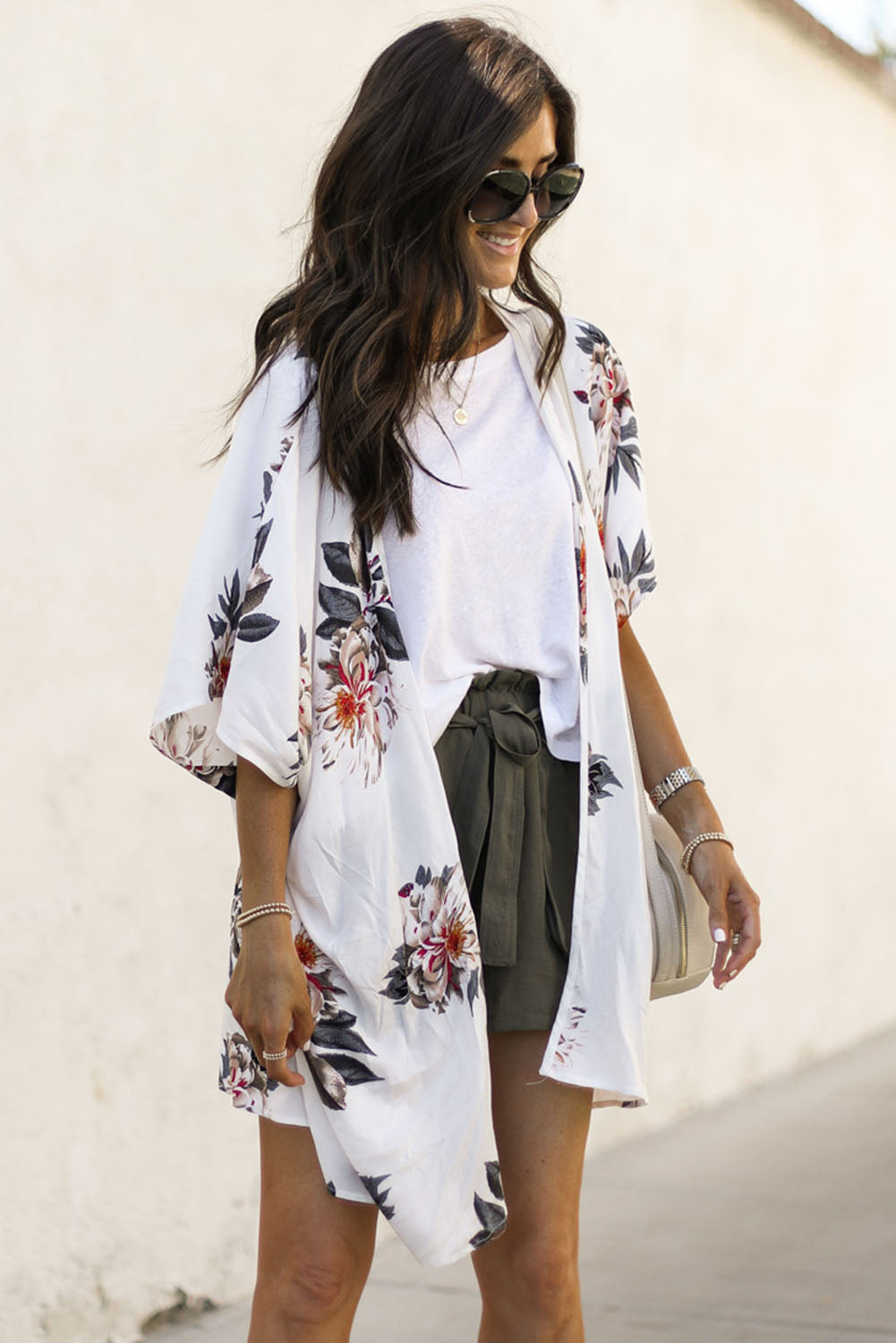 White Floral Print Summer Kimono