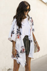 White Floral Print Summer Kimono