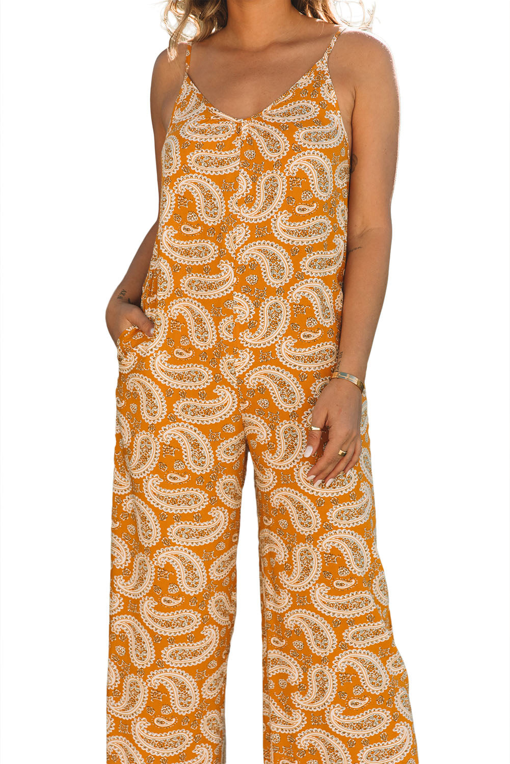 Yellow Paisley Print Wide Leg Spaghetti Straps Jumpsuit