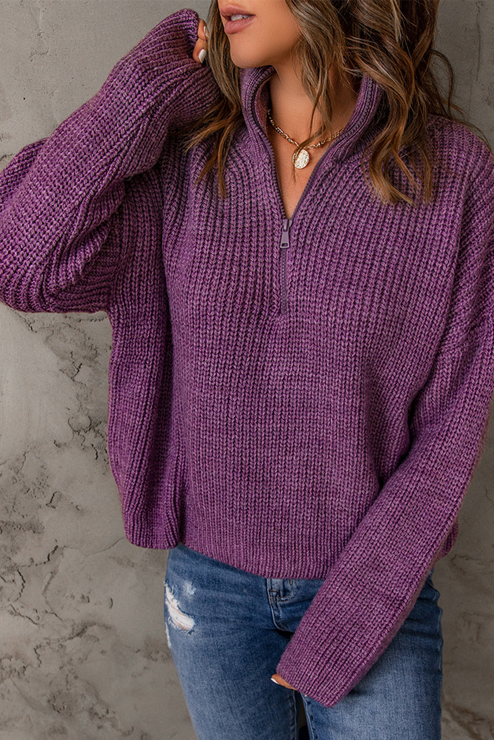 Red Zipped Turtleneck Drop Shoulder Knit Sweater