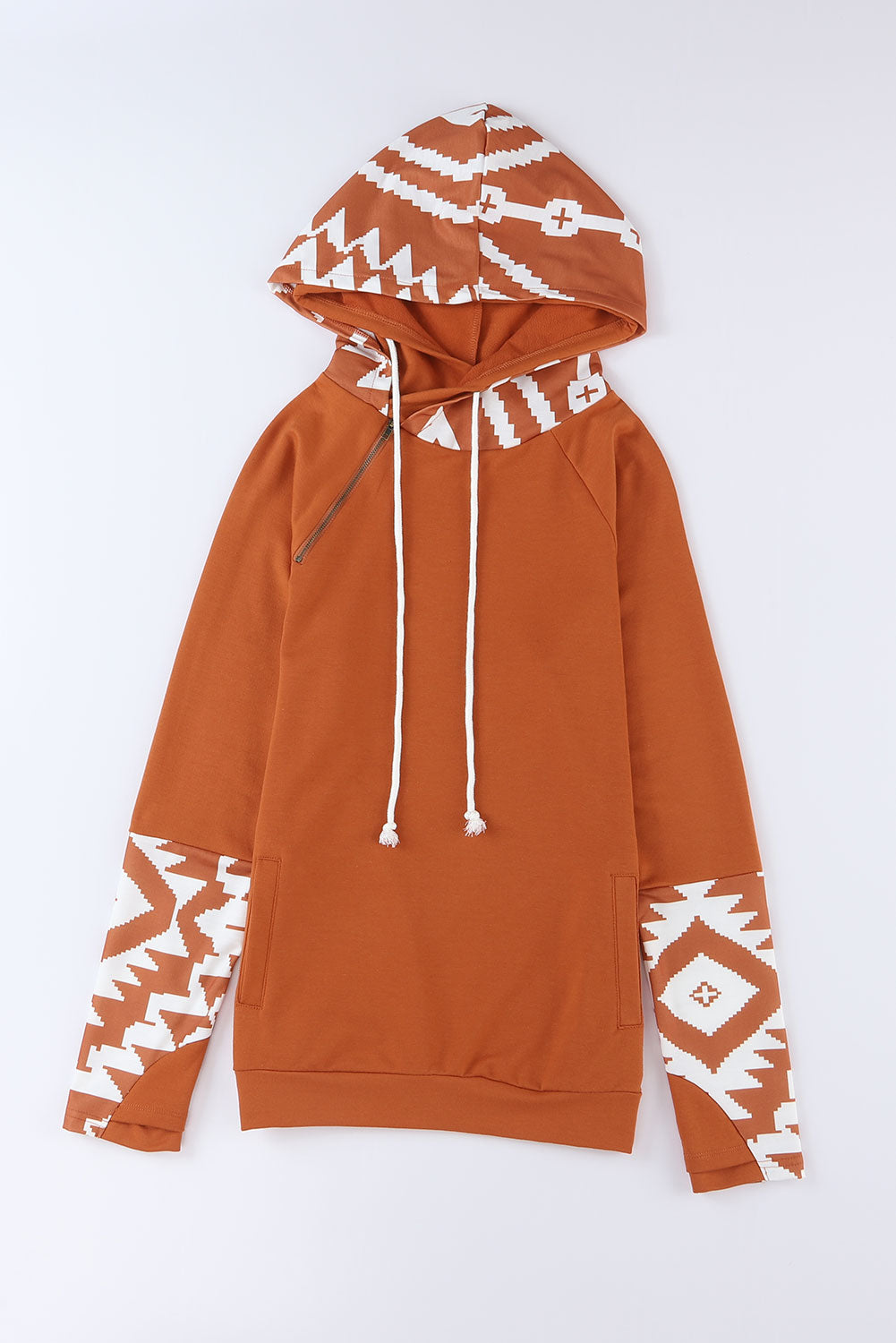 Brown Aztec Print Patchwork Thumb Hole Hoodie