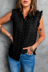 Black Turn-down Collar Ruffle Polka Dot Tank