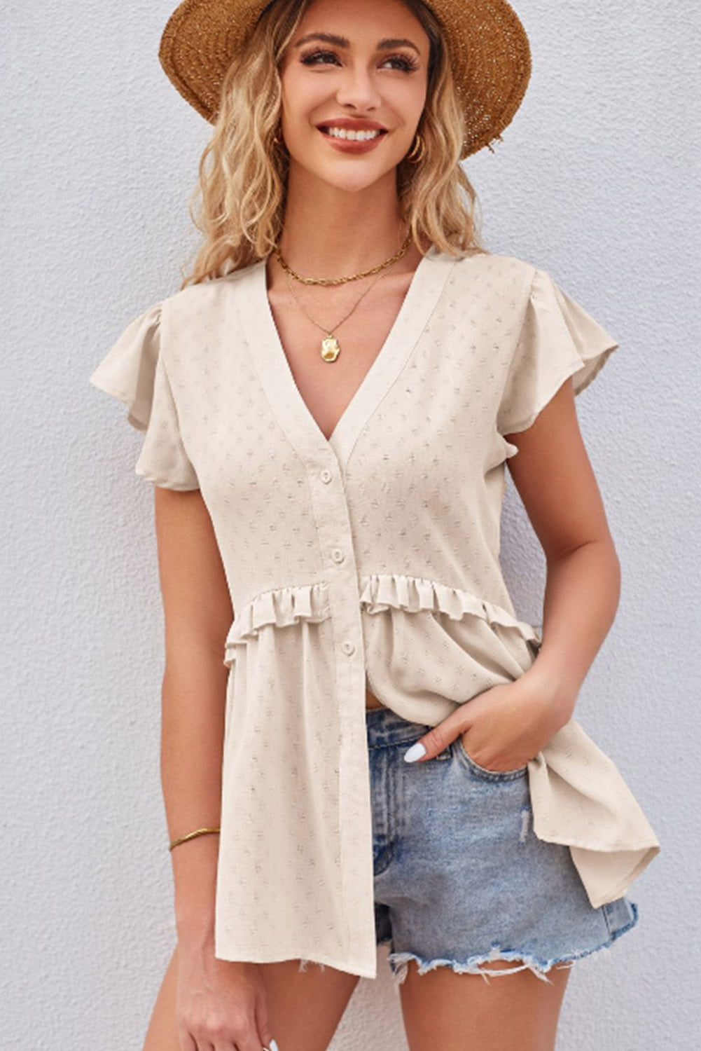 Apricot V-Neck Ruffled Sleeve Buttoned Frilled Blouse