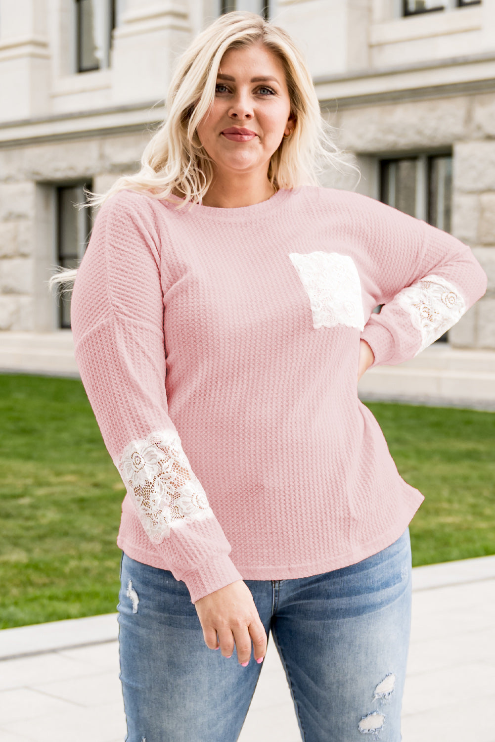 Pink Lace Patchwork Waffle Knit Plus Size Blouse