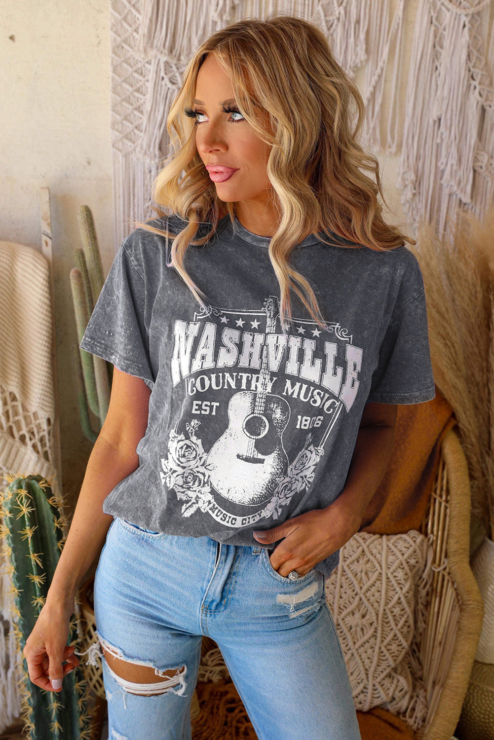 Gray Nashville Music City Graphic Mineral Washed Tee