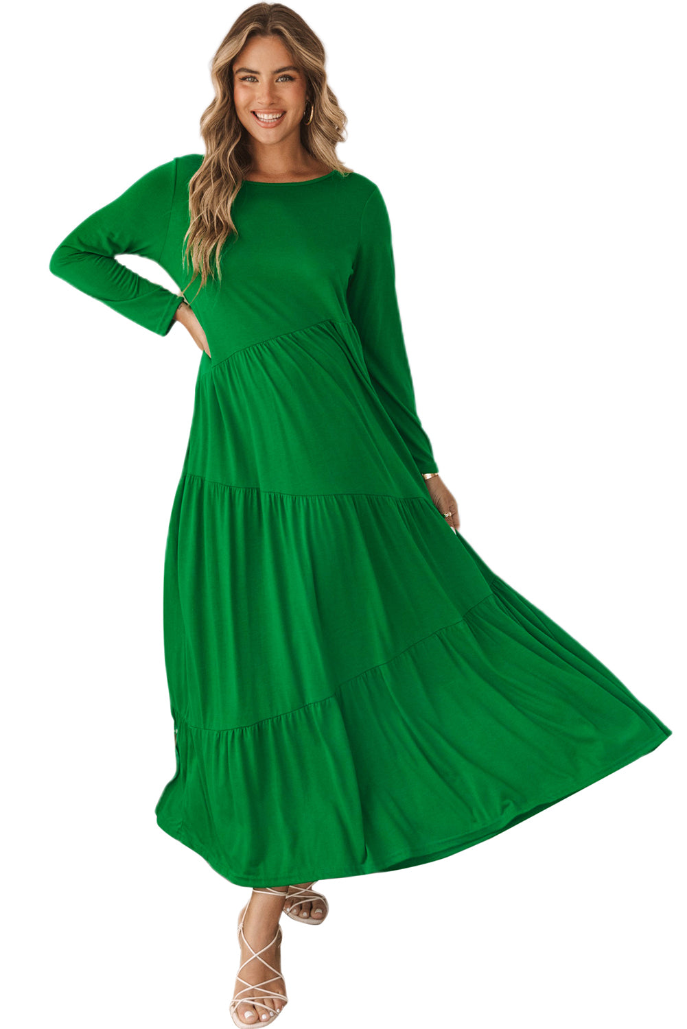 Green Asymmetrical Tiered Long Sleeve Maxi Dress