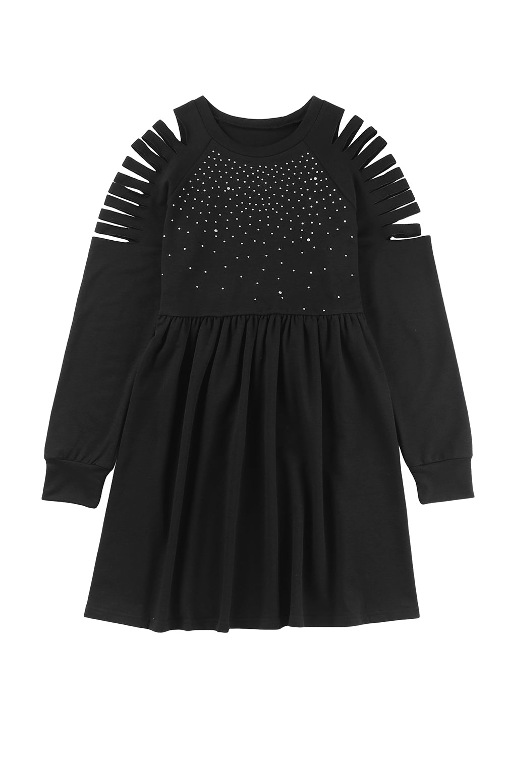 Black Rhinestone Ruffled Hollow Out Mini Dress