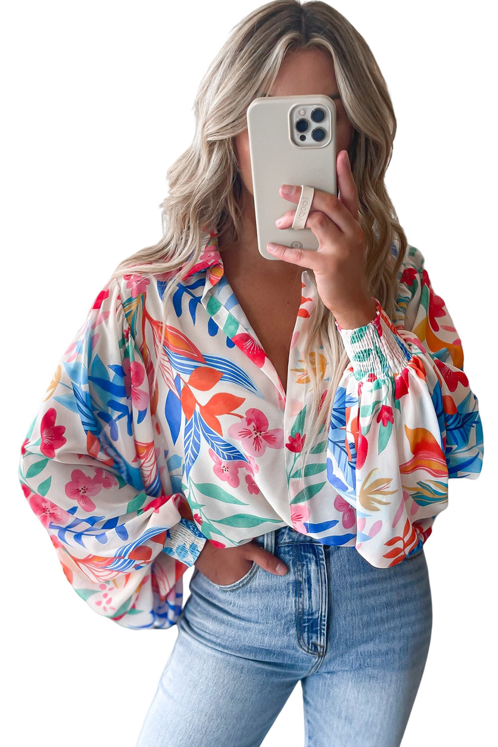 Multicolor Vibrant Floral Printed Billowy Sleeve Shirt