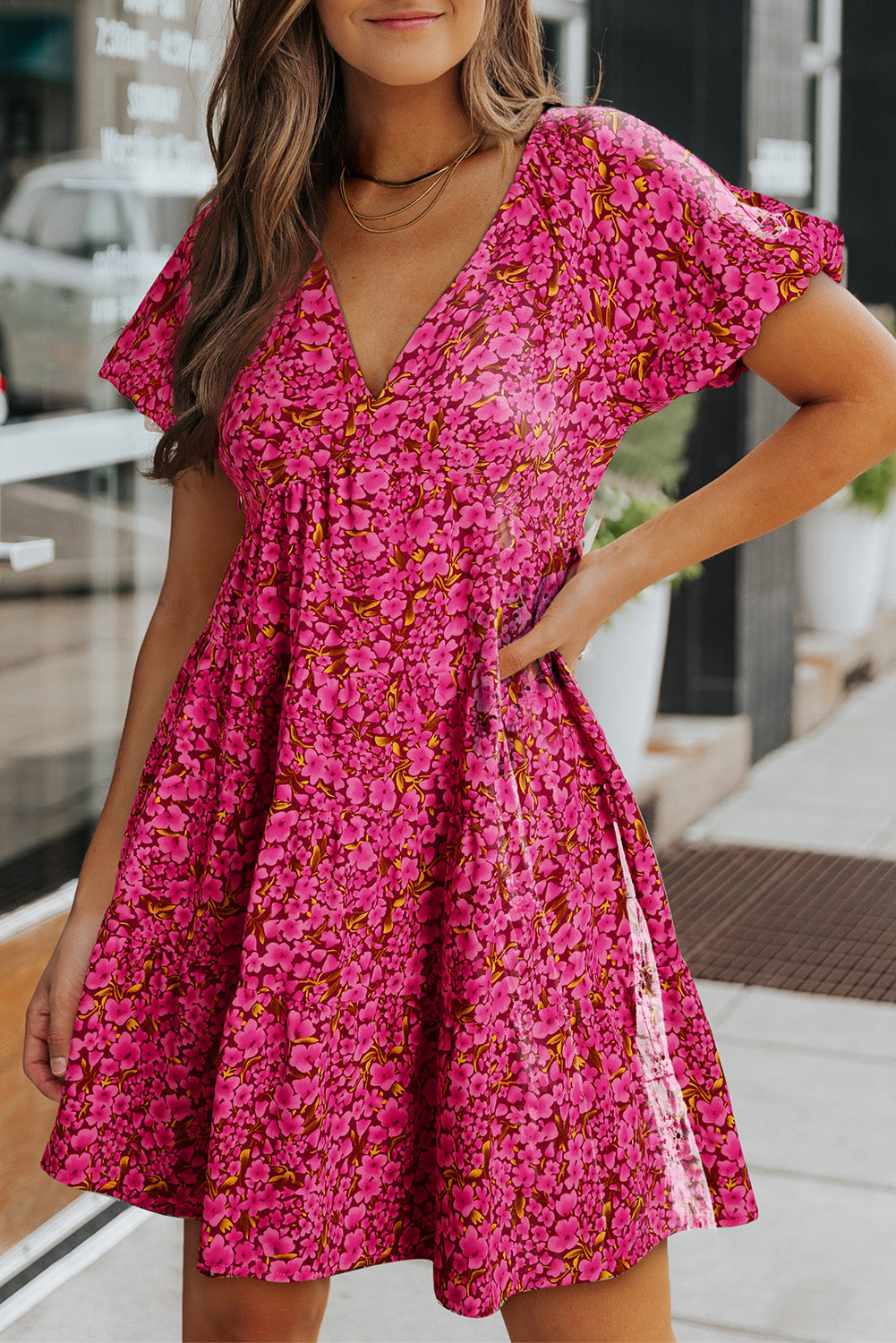 Khaki Floral Print Tiered Flutter Sleeve V Neck Top