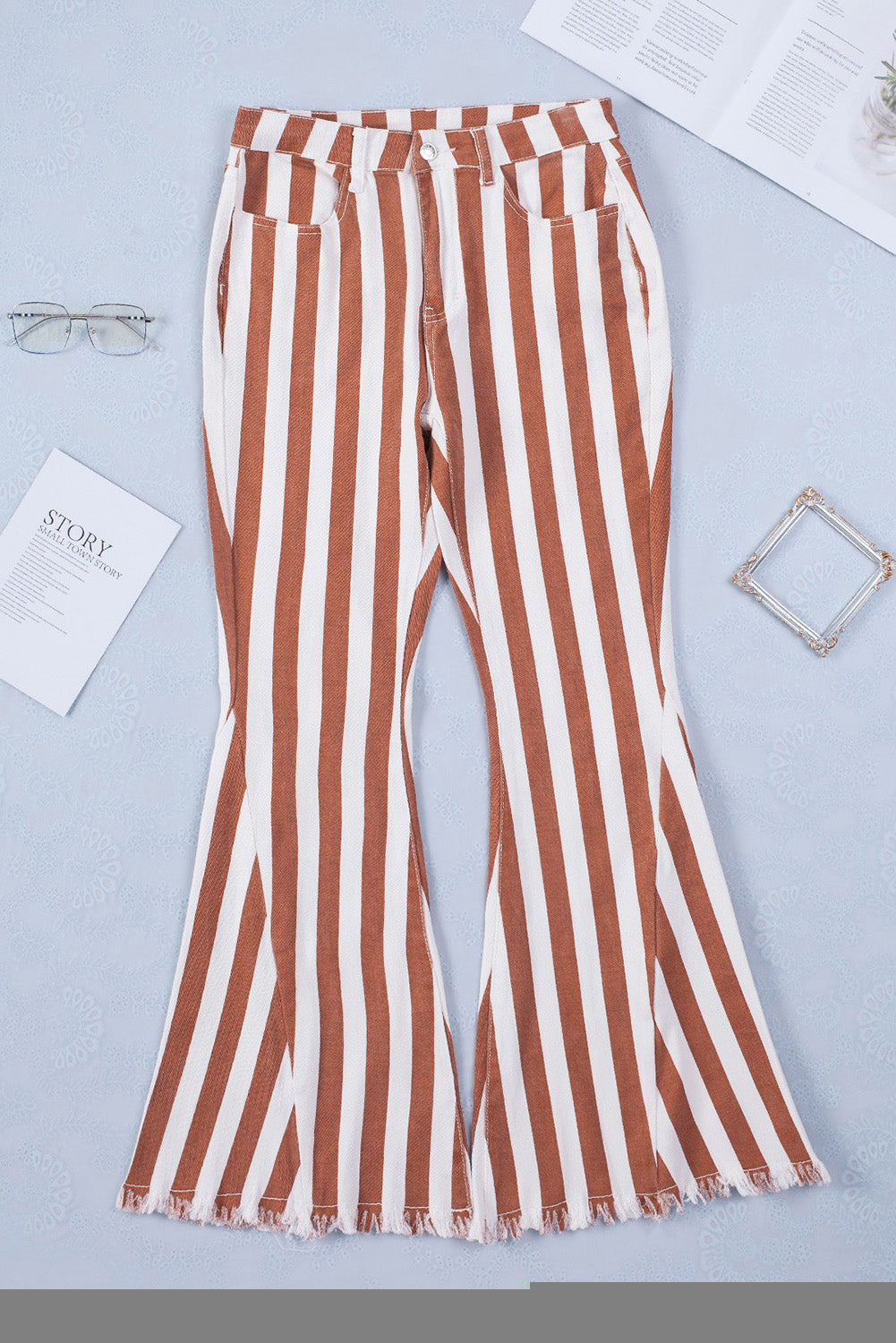 Brown Striped Fringe Bell Bottom Denim Pants