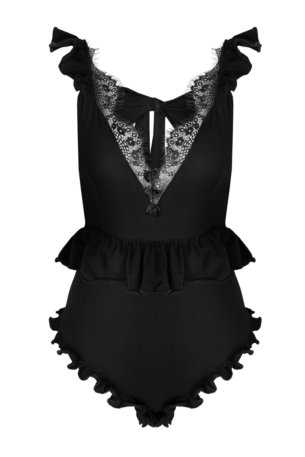 Black Lace Trim Back Knot Teddy Lingerie