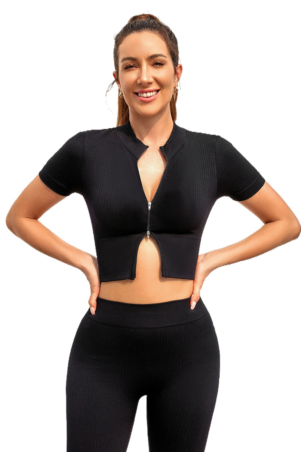 Black Zipped Front Short Sleeve Sports Crop Top