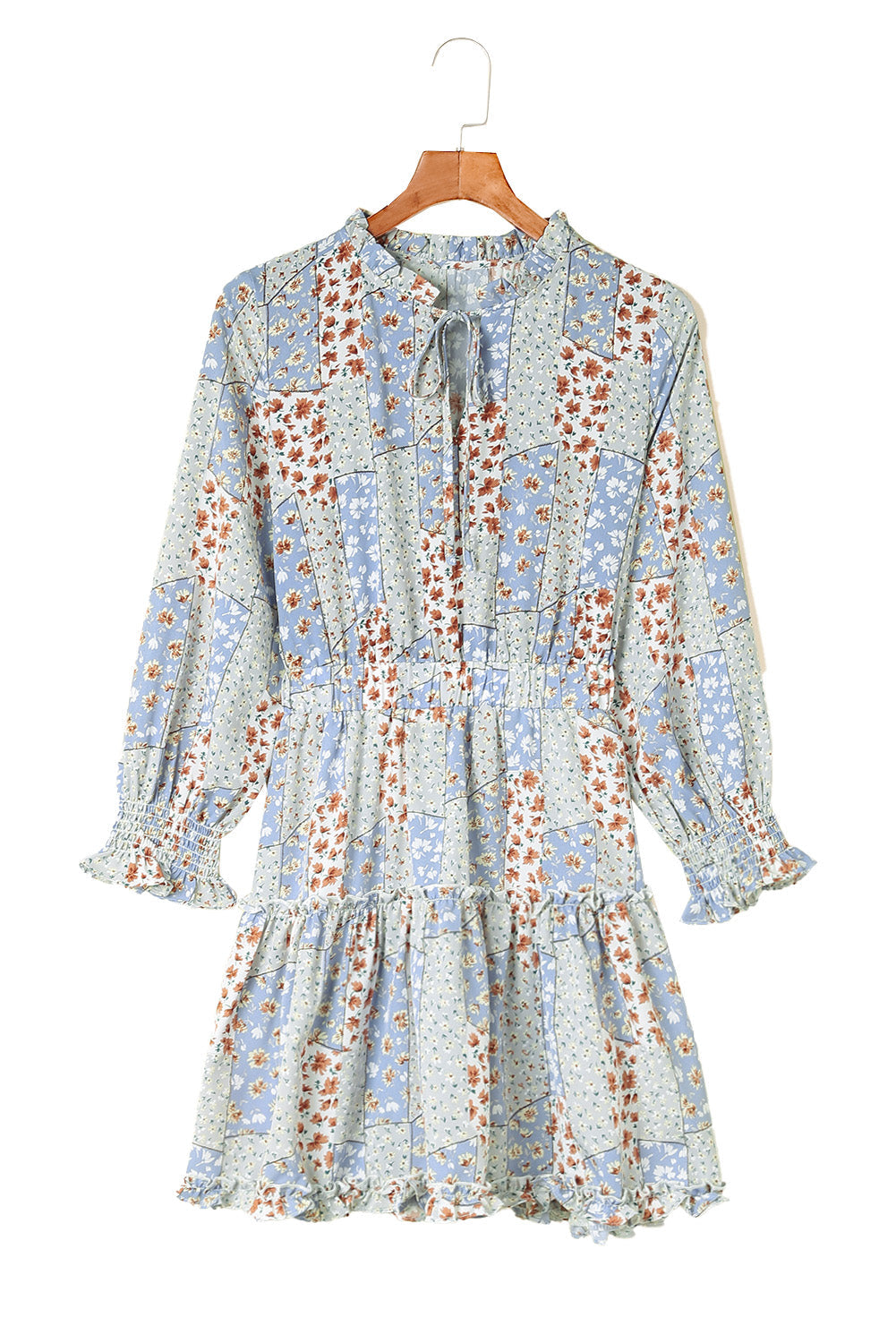 Sky Blue Floral Split V Neck Tiered Ruffle Dress