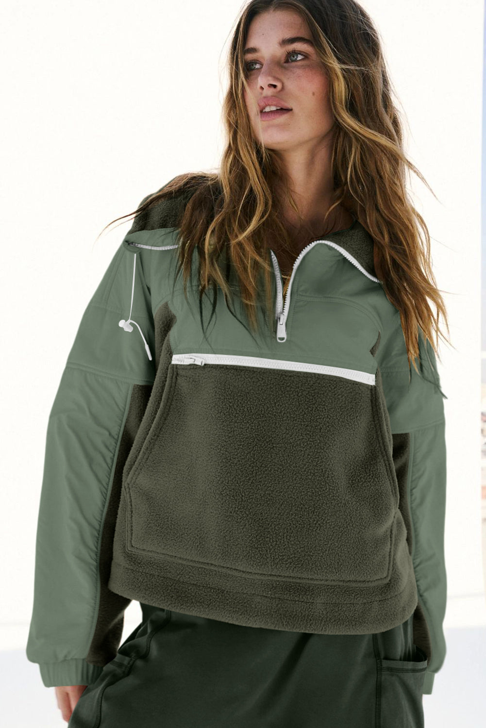 Brown Fleece Patchwork Color Block Zip Funnel Neck Sweatshirt