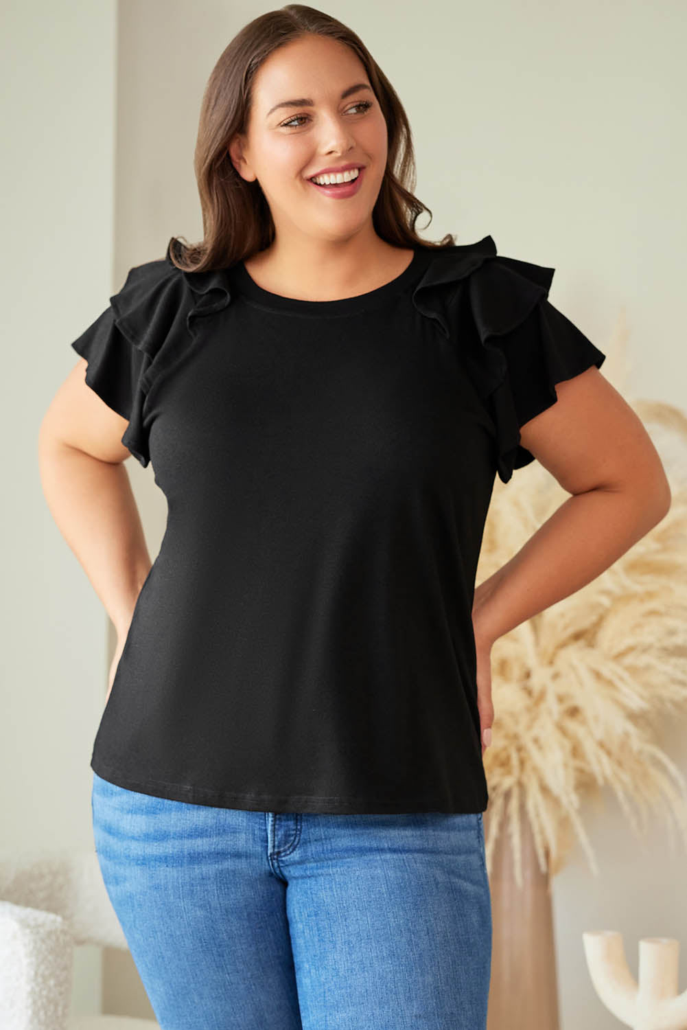 Black Plain Tiered Ruffled Short Sleeve T Shirt