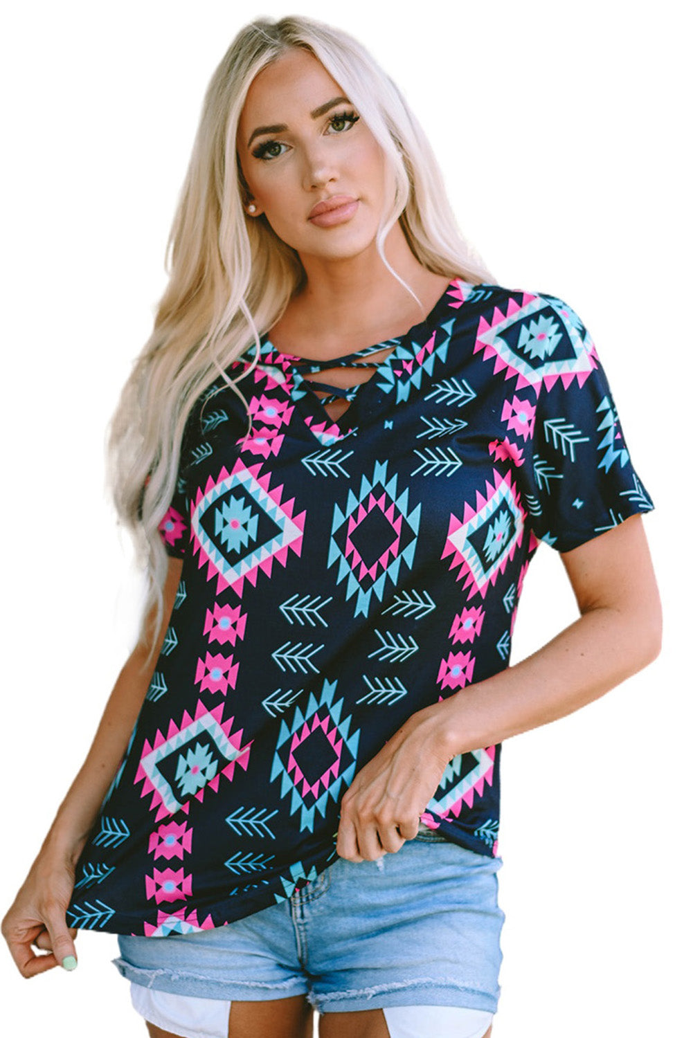 Black Western Fashion Aztec Print Crisscross V Neck Top